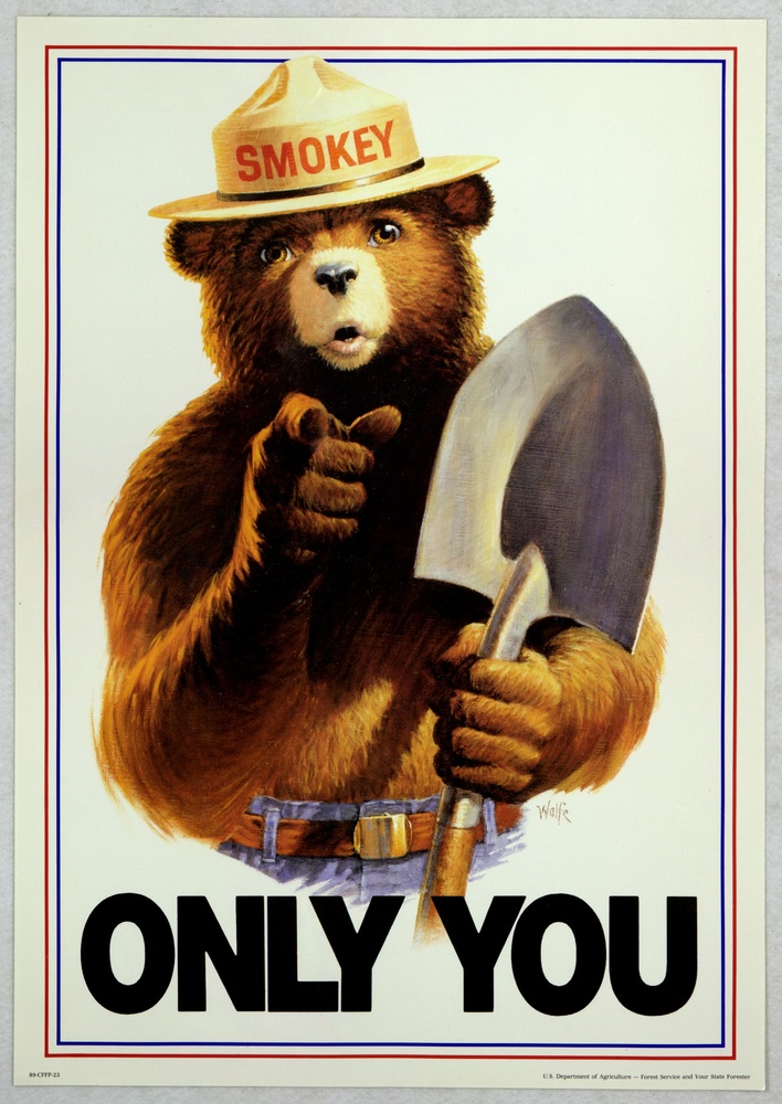 picture of smokey bear holding a shovel and pointing, with the caption 'ONLY YOU'